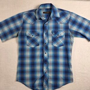 Roper Western Shirt Mens Small Blue Plaid Excellent Pearl Snap Short Sleeve